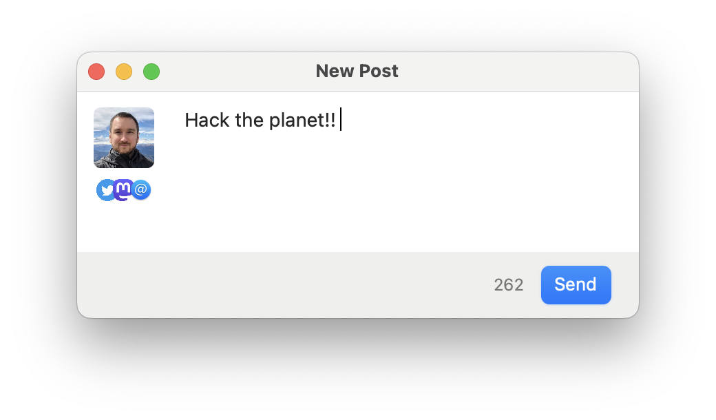 A small New Post window with an avatar and 3 network icons on the left, Post button in the bottom right, and the text ‘Hack the planet!’ in the main text area